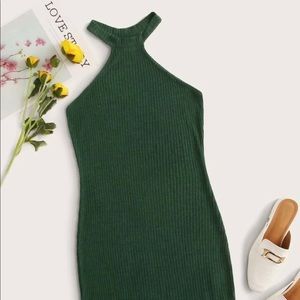 Rib-knit Halterneck Bodycon green Dress